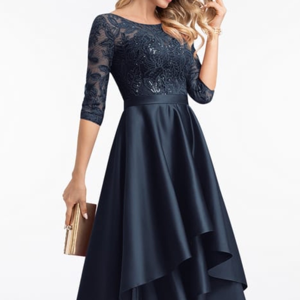 A-line Scoop Satin Lace Evening Dress With Sequins